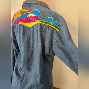 70s Embroidered Denim Vintage Western Shirt Size Med Mens or Med/Lg Womens